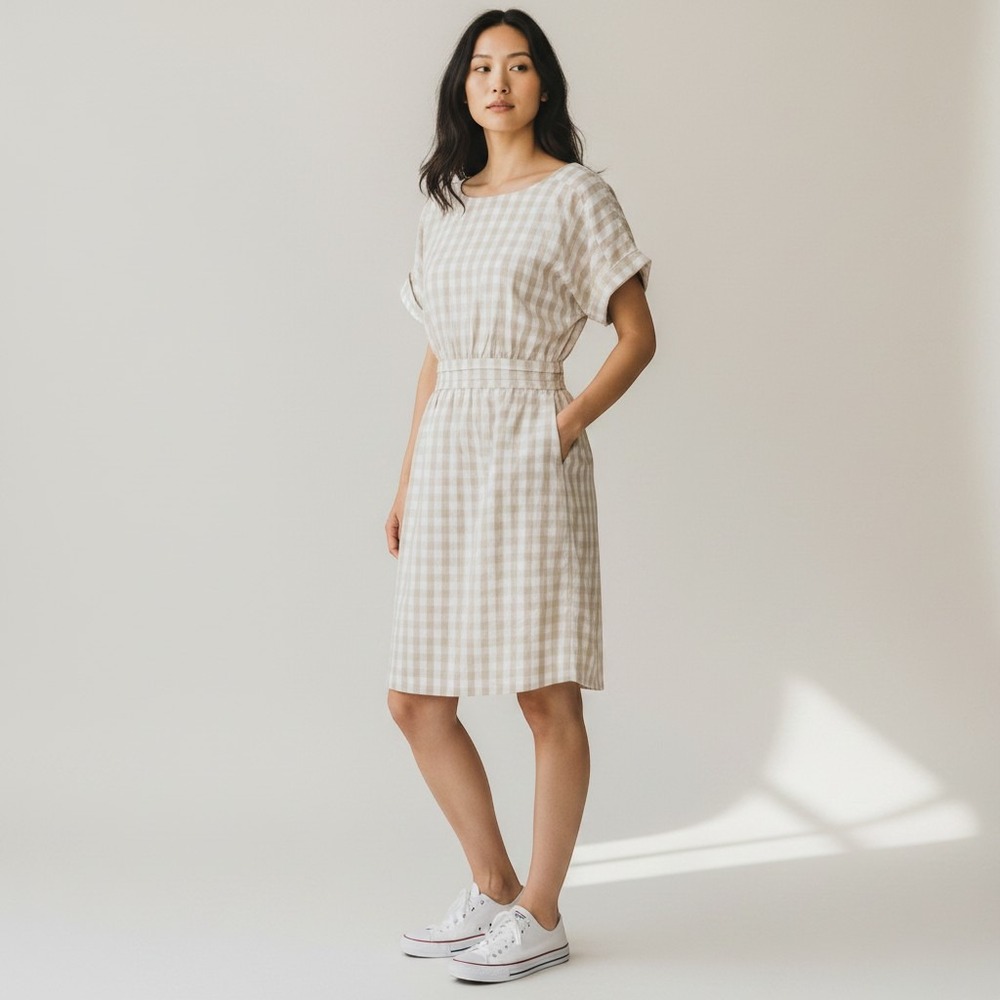 HD in Paris Women Gingham Check Tie Back Sheath Dress Tan White Size 8